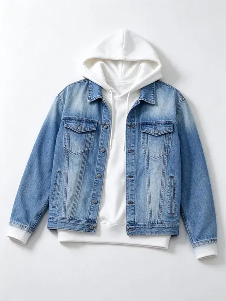 Outfit photo: Denim jacket over a white hoodie